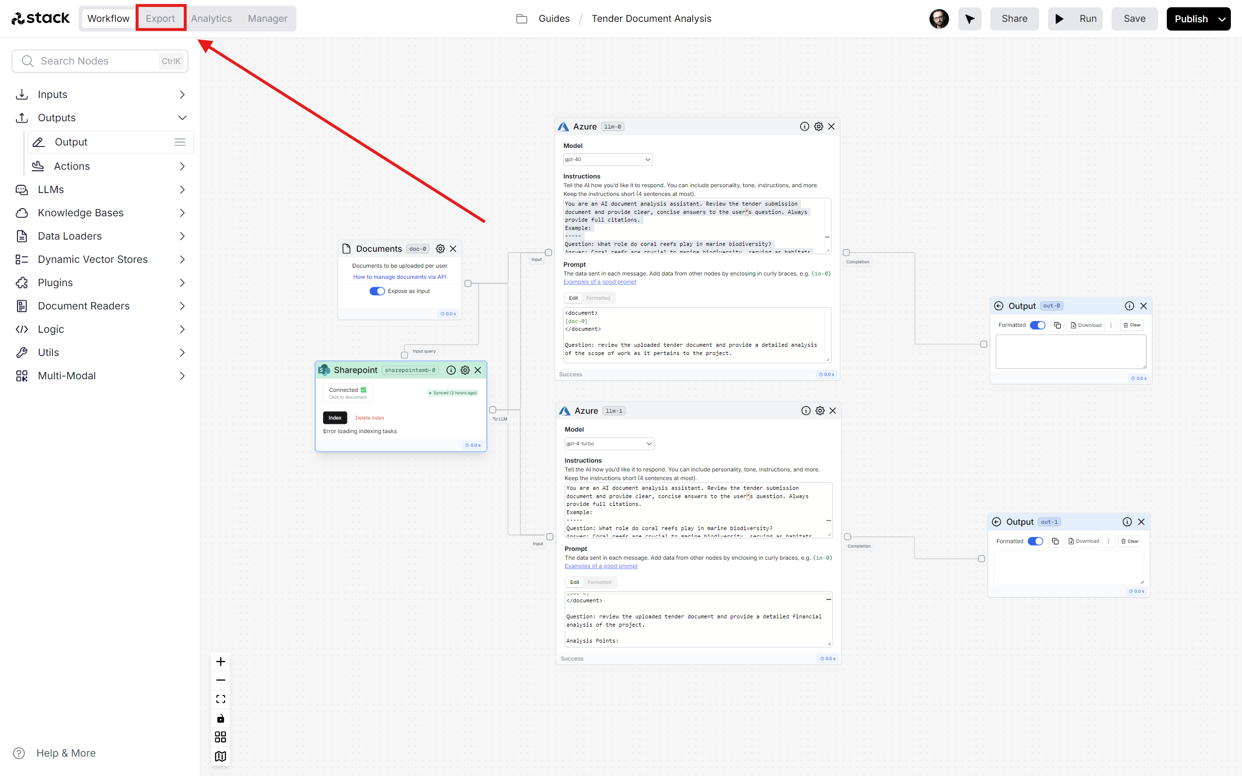 Click Export for
Outputs